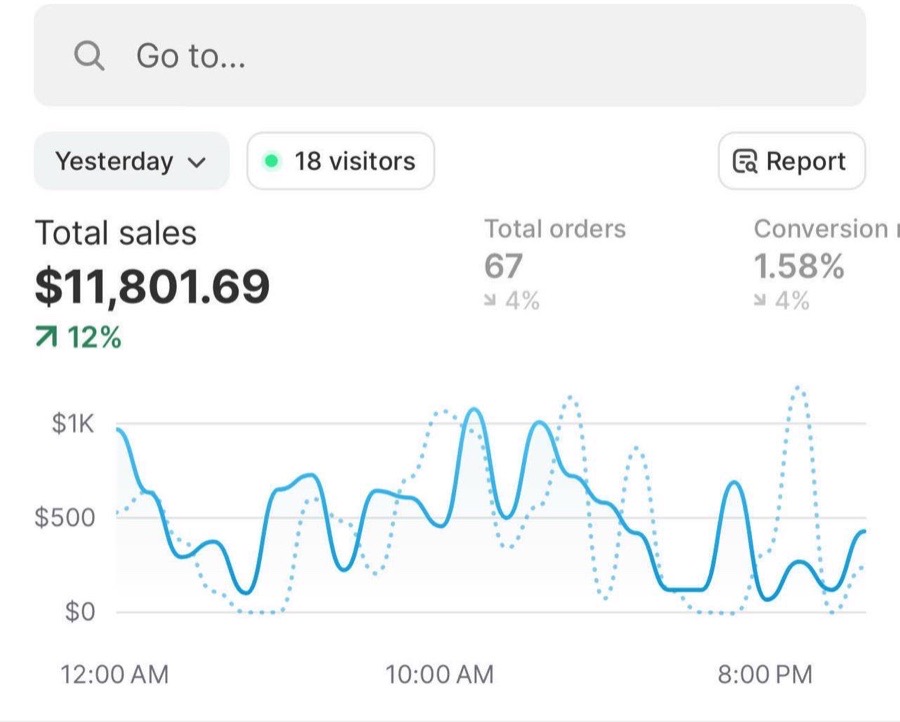 Shopify analytics: $11,801.69 total sales in one day, 67 orders